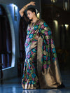Banarasee Handwoven Katan Saree With Meenadar Floral Design & Border-Black