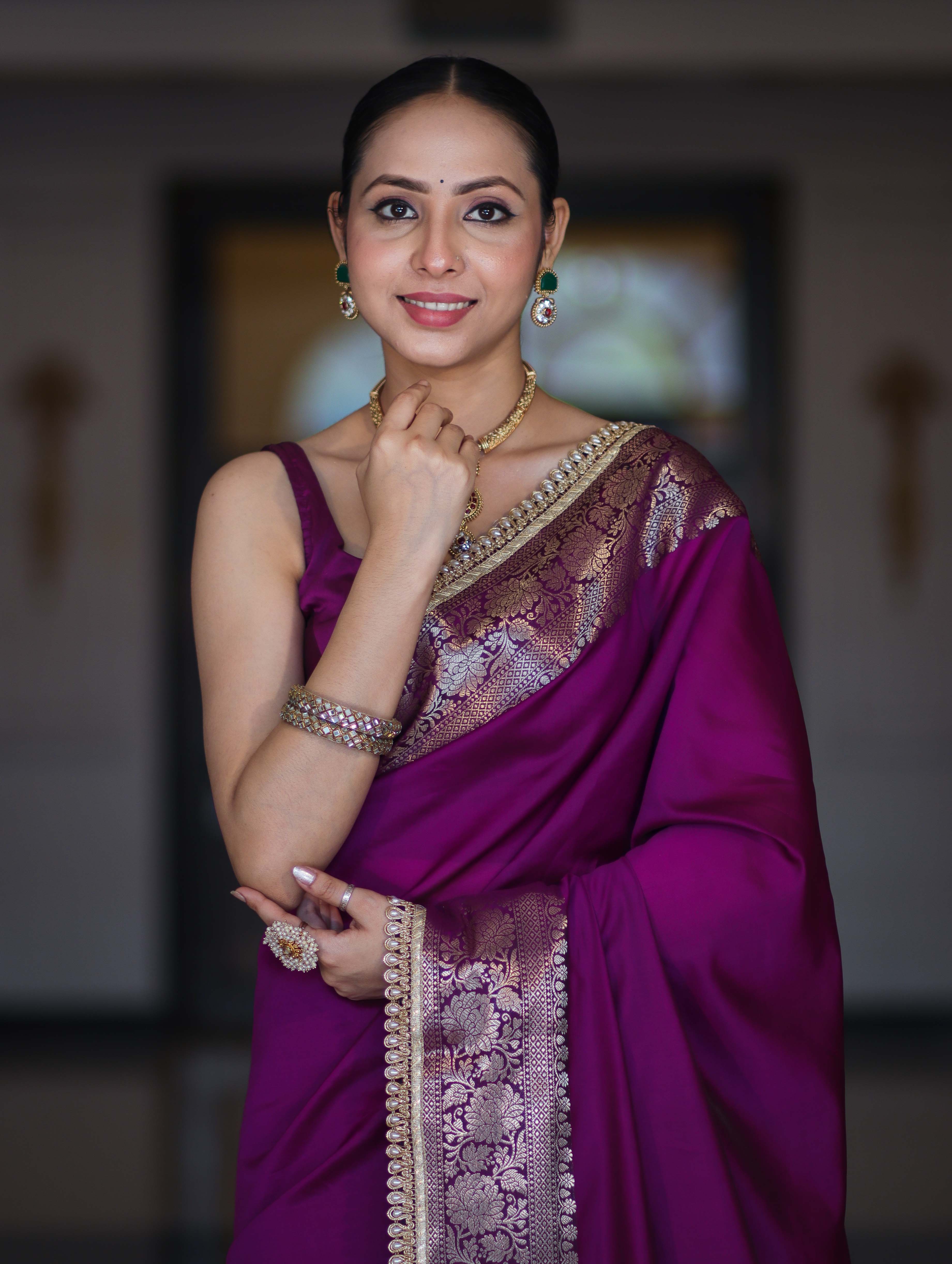 Banarasee Handloom Semi Silk Plain Saree With Zari Border & Lace-Violet