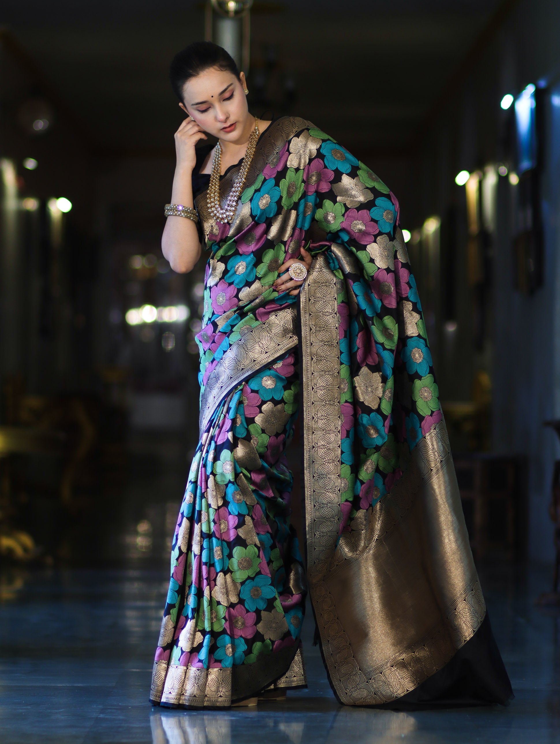 Banarasee Handwoven Katan Saree With Meenadar Floral Design & Border-Black