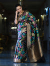 Banarasee Handwoven Katan Saree With Meenadar Floral Design & Border-Black