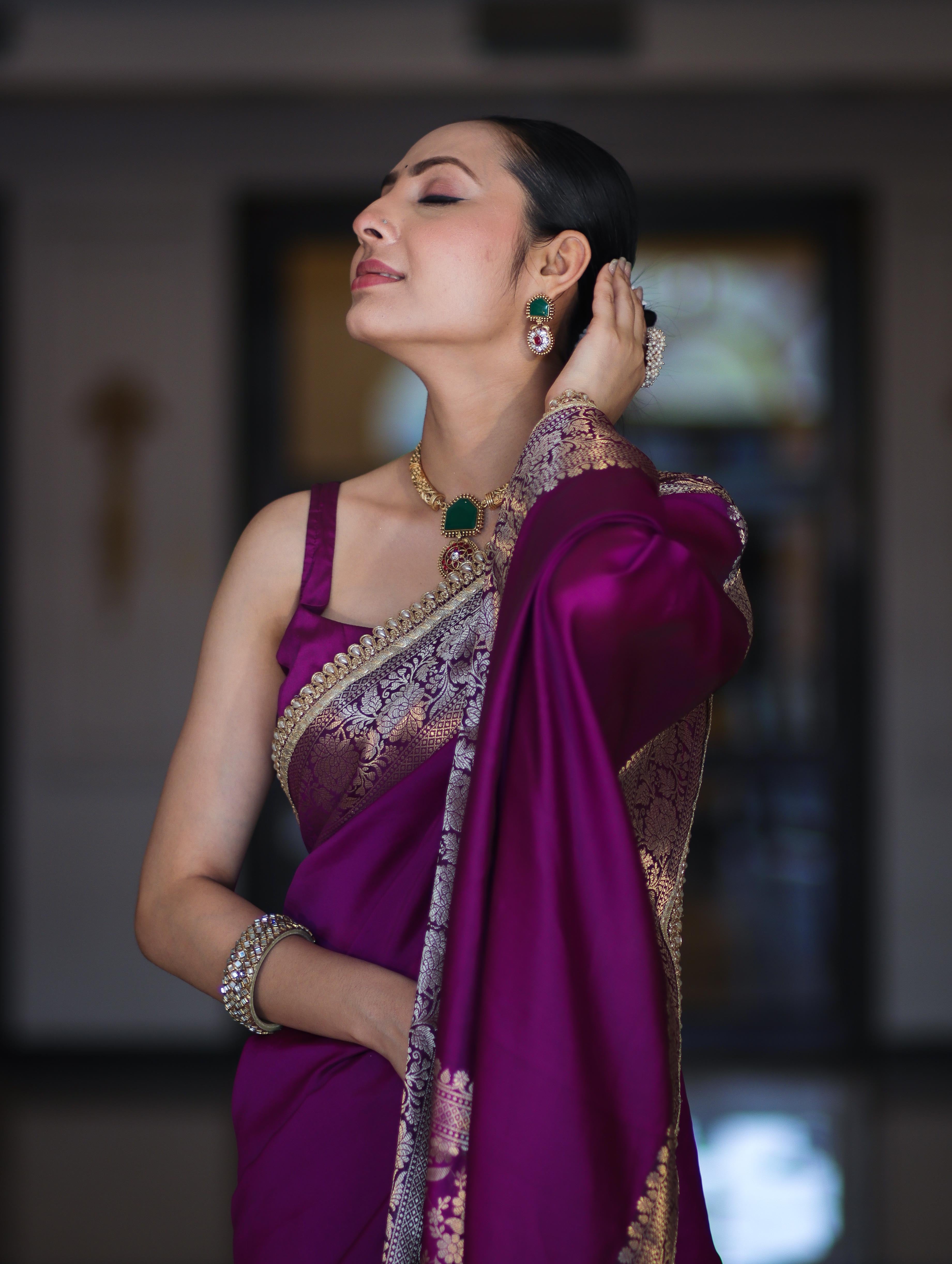 Banarasee Handloom Semi Silk Plain Saree With Zari Border & Lace-Violet