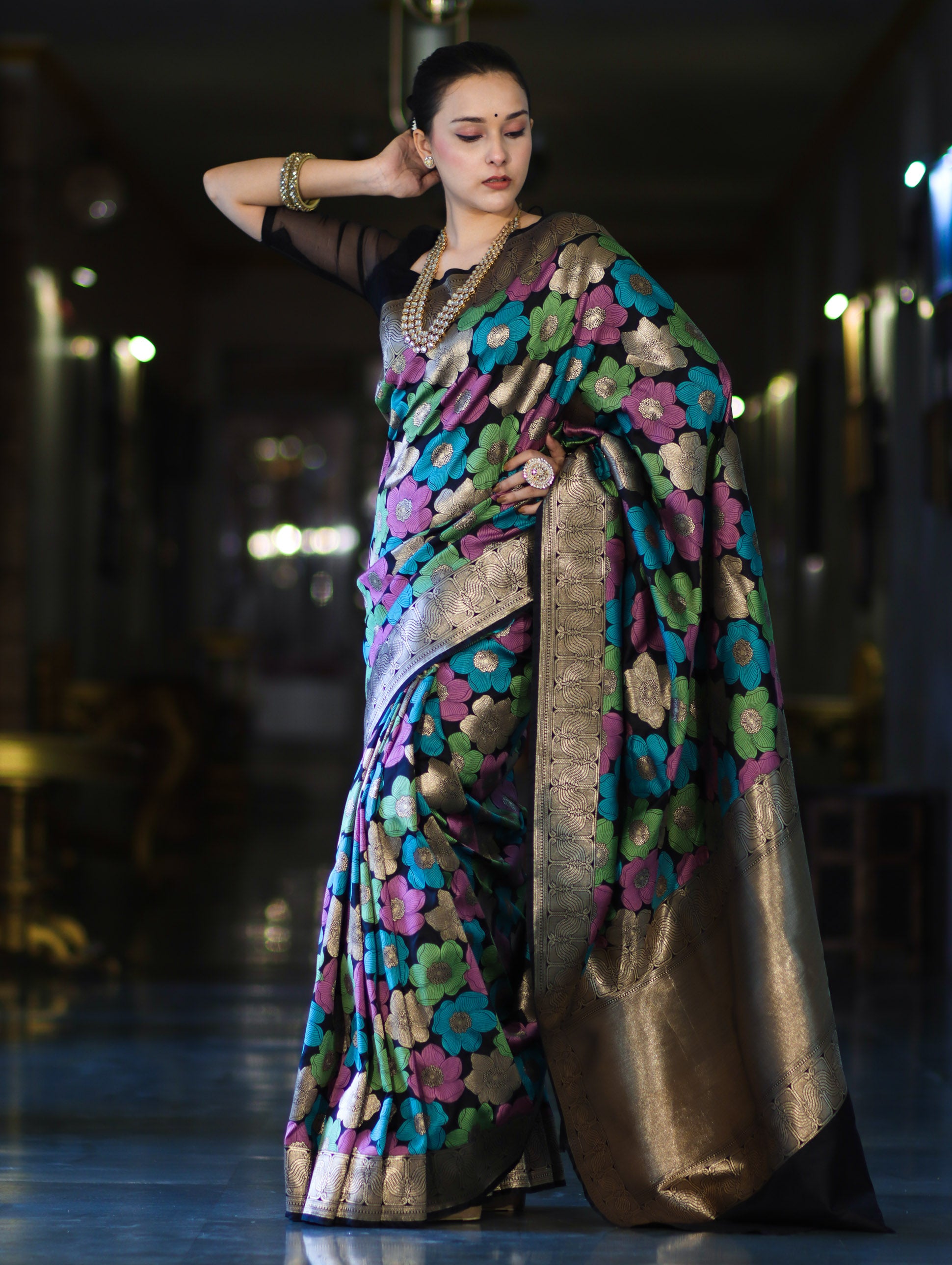 Banarasee Handwoven Katan Saree With Meenadar Floral Design & Border-Black