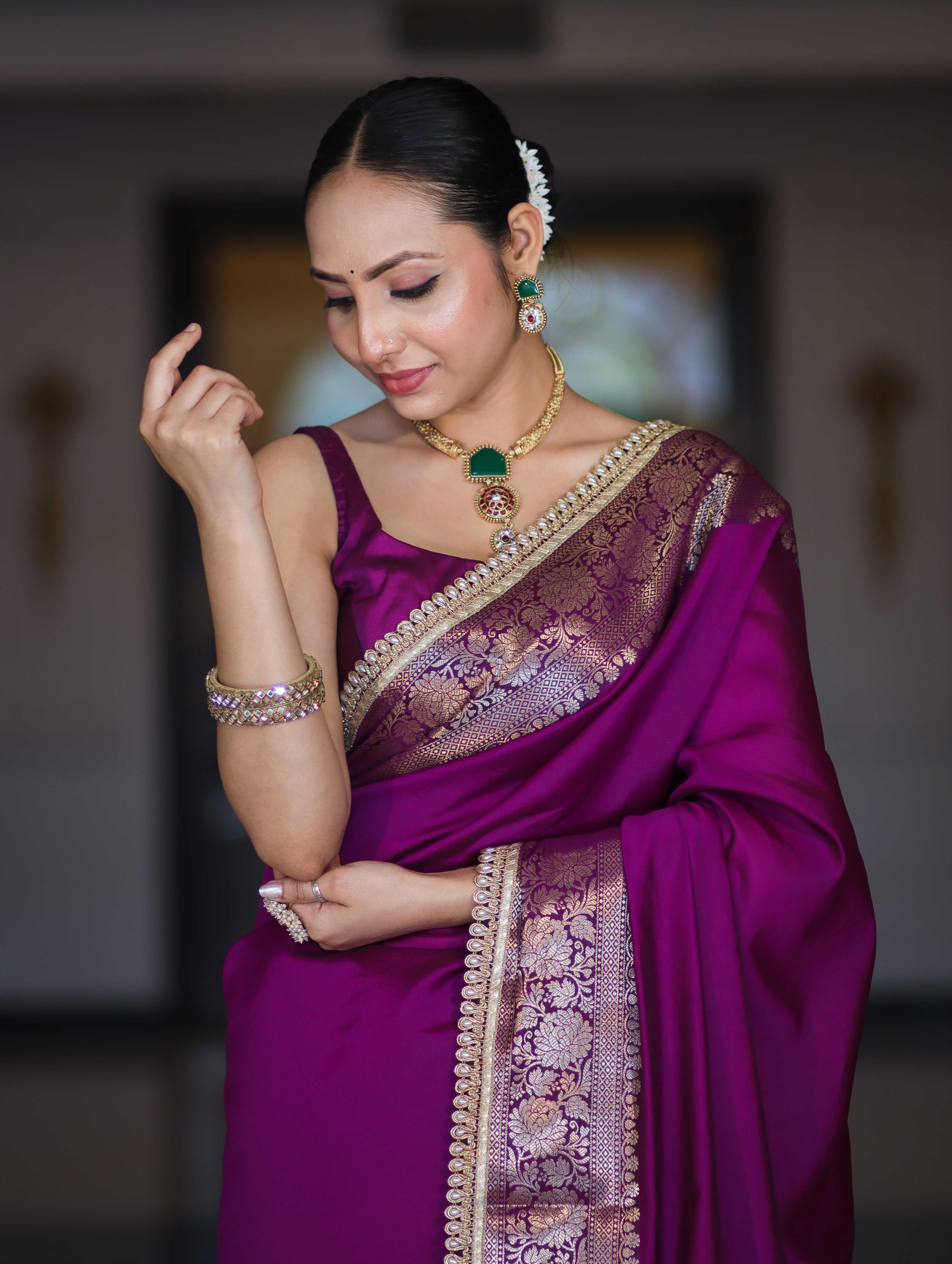 Banarasee Handloom Semi Silk Plain Saree With Zari Border & Lace-Violet