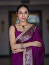 Banarasee Handloom Semi Silk Plain Saree With Zari Border & Lace-Violet