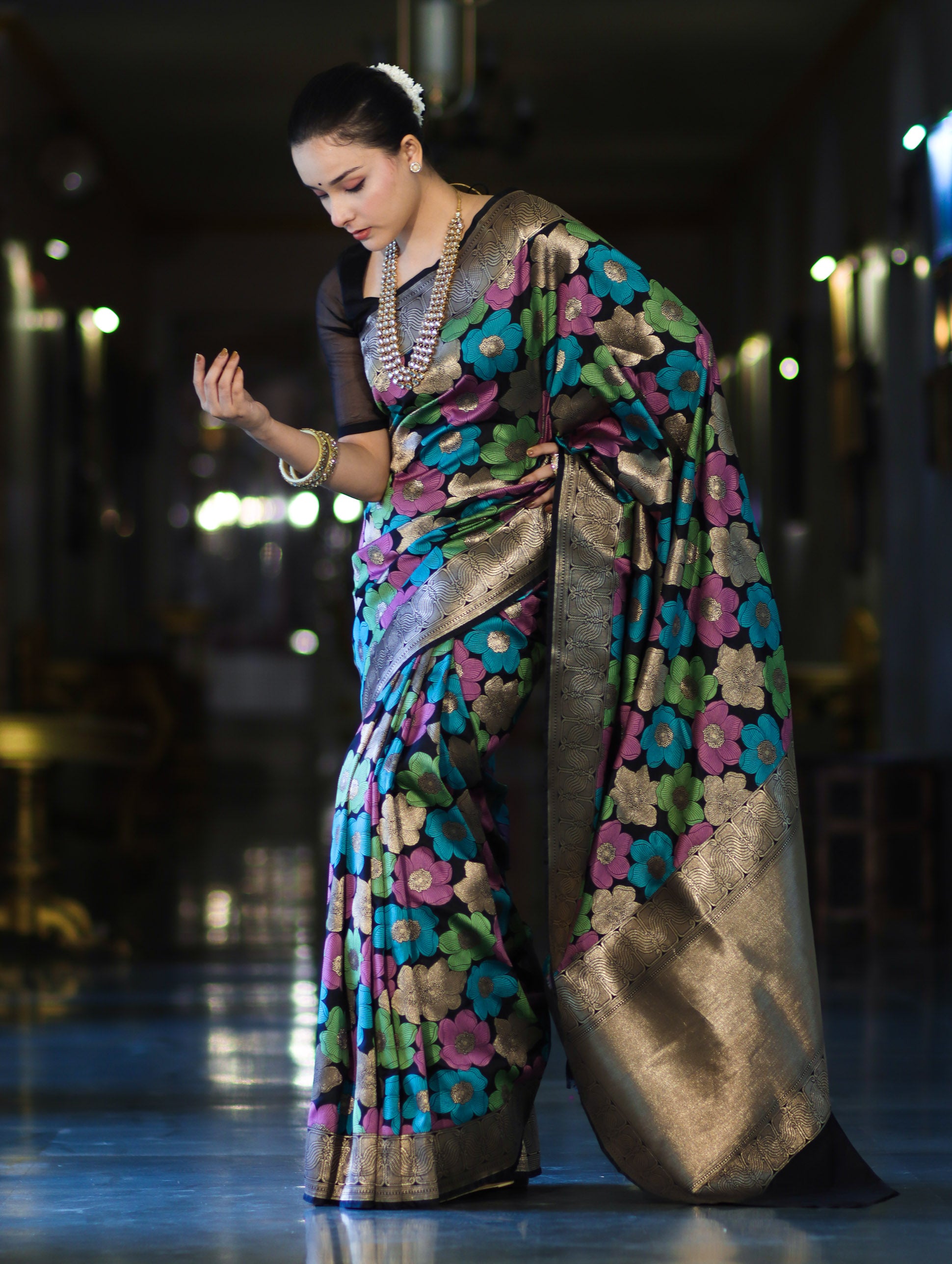 Banarasee Handwoven Katan Saree With Meenadar Floral Design & Border-Black