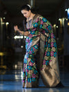 Banarasee Handwoven Katan Saree With Meenadar Floral Design & Border-Black