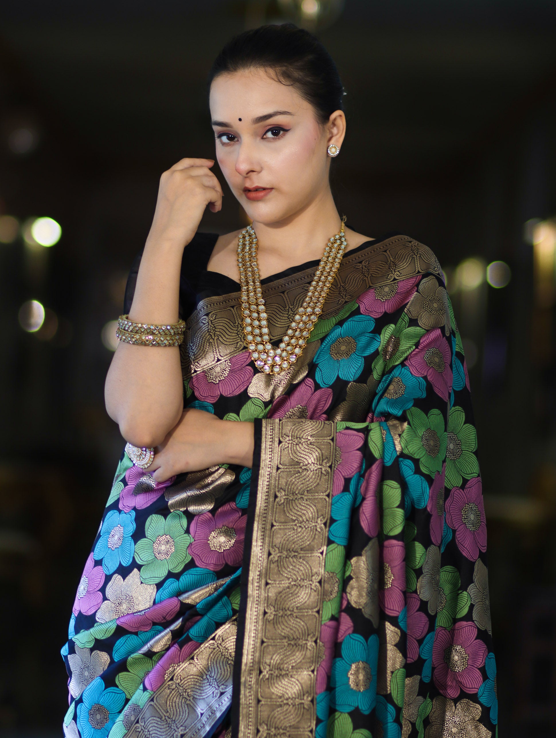 Banarasee Handwoven Katan Saree With Meenadar Floral Design & Border-Black