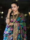 Banarasee Handwoven Katan Saree With Meenadar Floral Design & Border-Black
