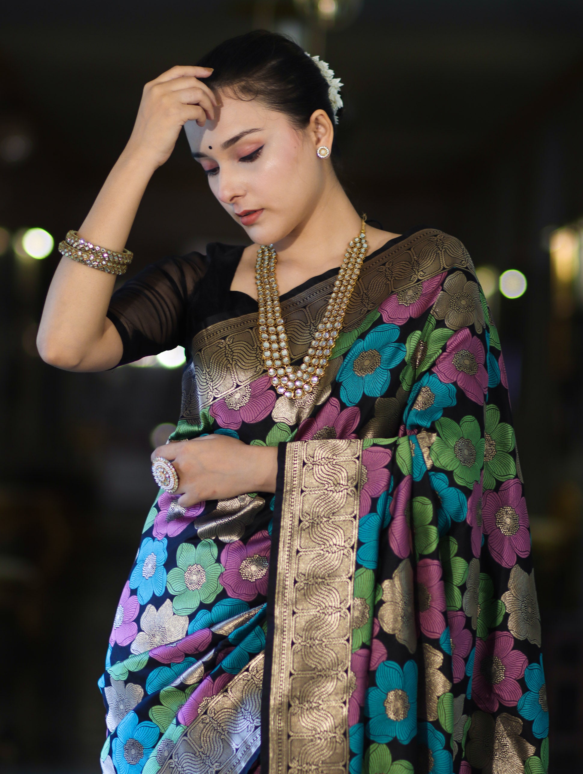 Banarasee Handwoven Katan Saree With Meenadar Floral Design & Border-Black