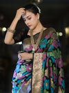Banarasee Handwoven Katan Saree With Meenadar Floral Design & Border-Black