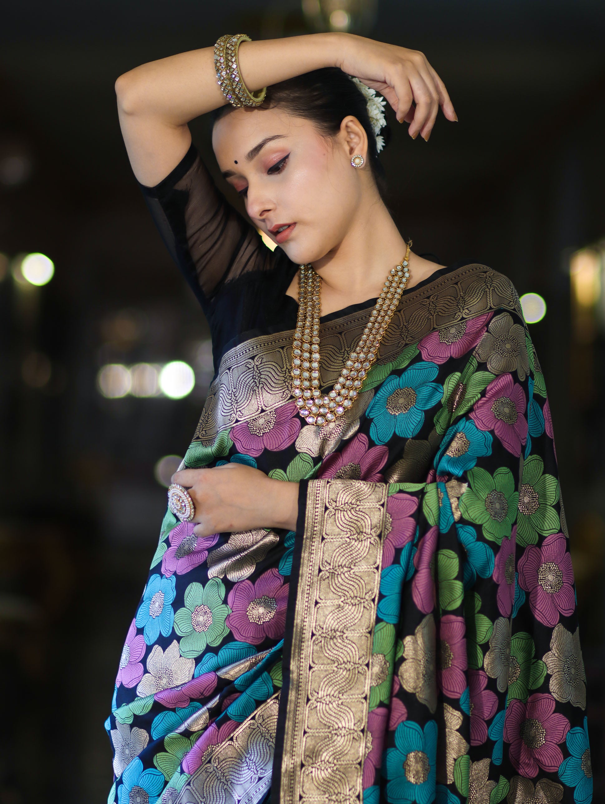 Banarasee Handwoven Katan Saree With Meenadar Floral Design & Border-Black