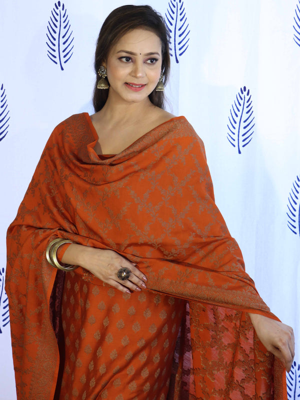 Banarasee Cotton Silk Salwar Kameez Fabric With Dupatta Set & Resham Work-Orange