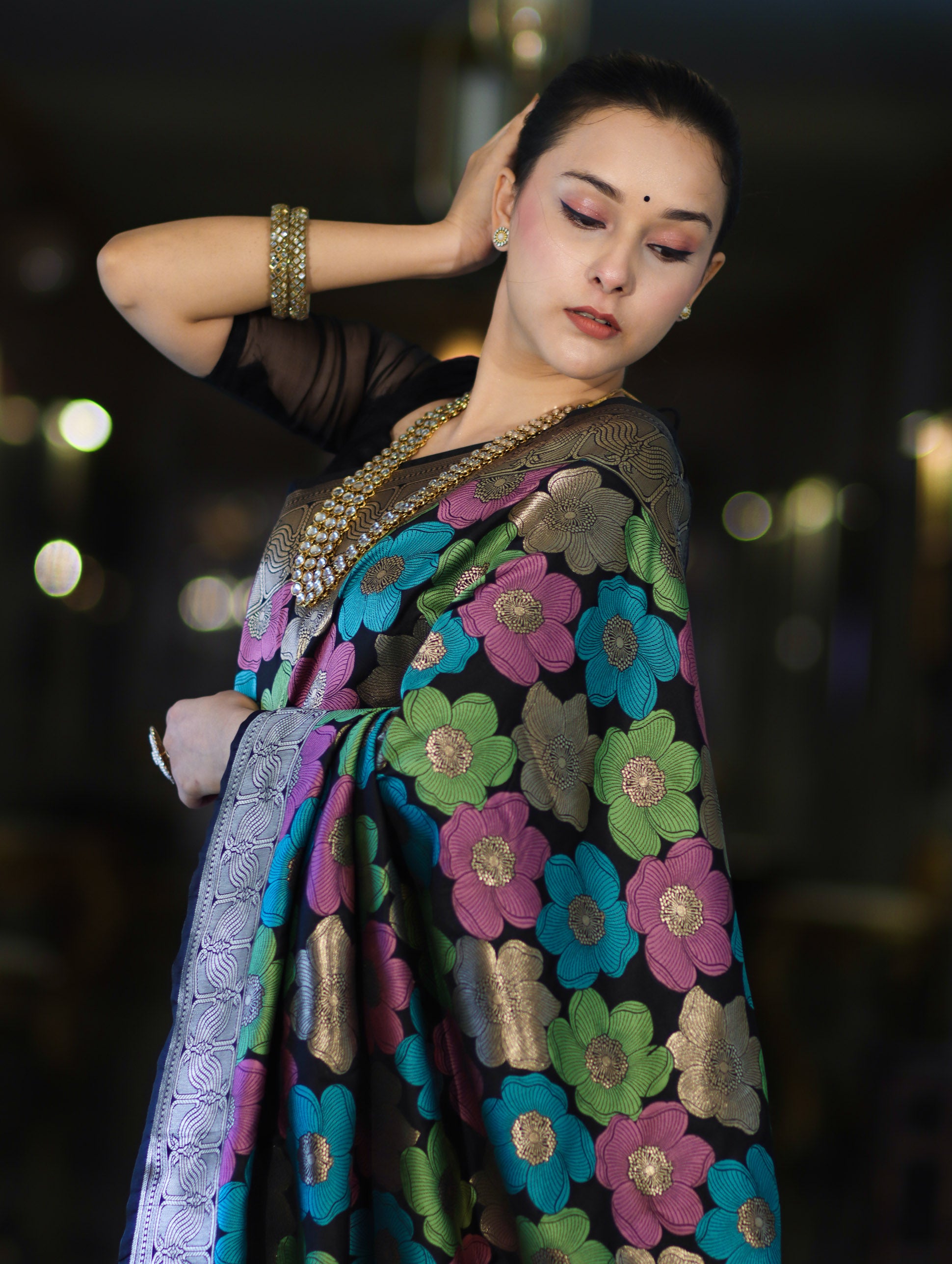 Banarasee Handwoven Katan Saree With Meenadar Floral Design & Border-Black