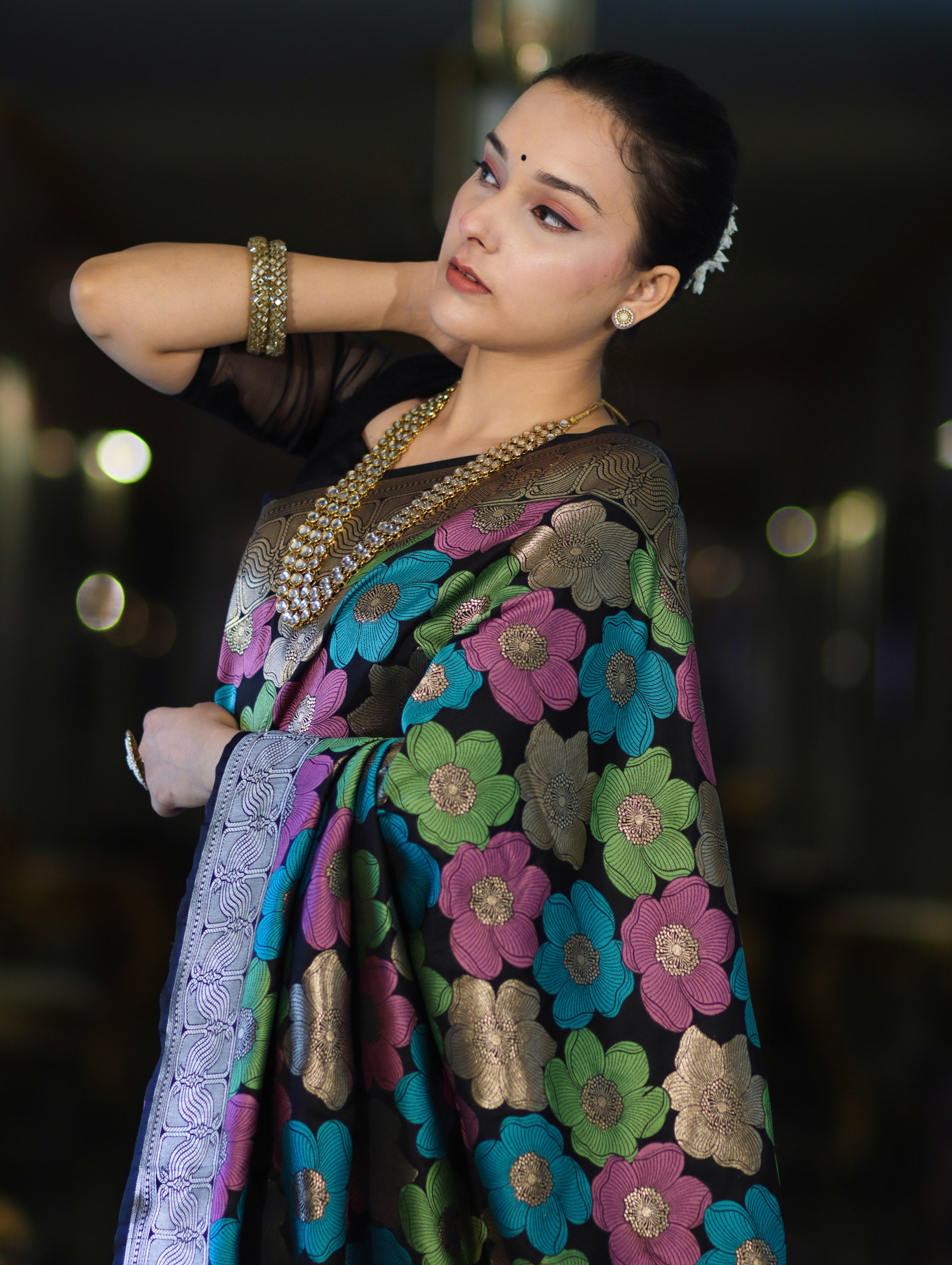 Banarasee Handwoven Katan Saree With Meenadar Floral Design & Border-Black