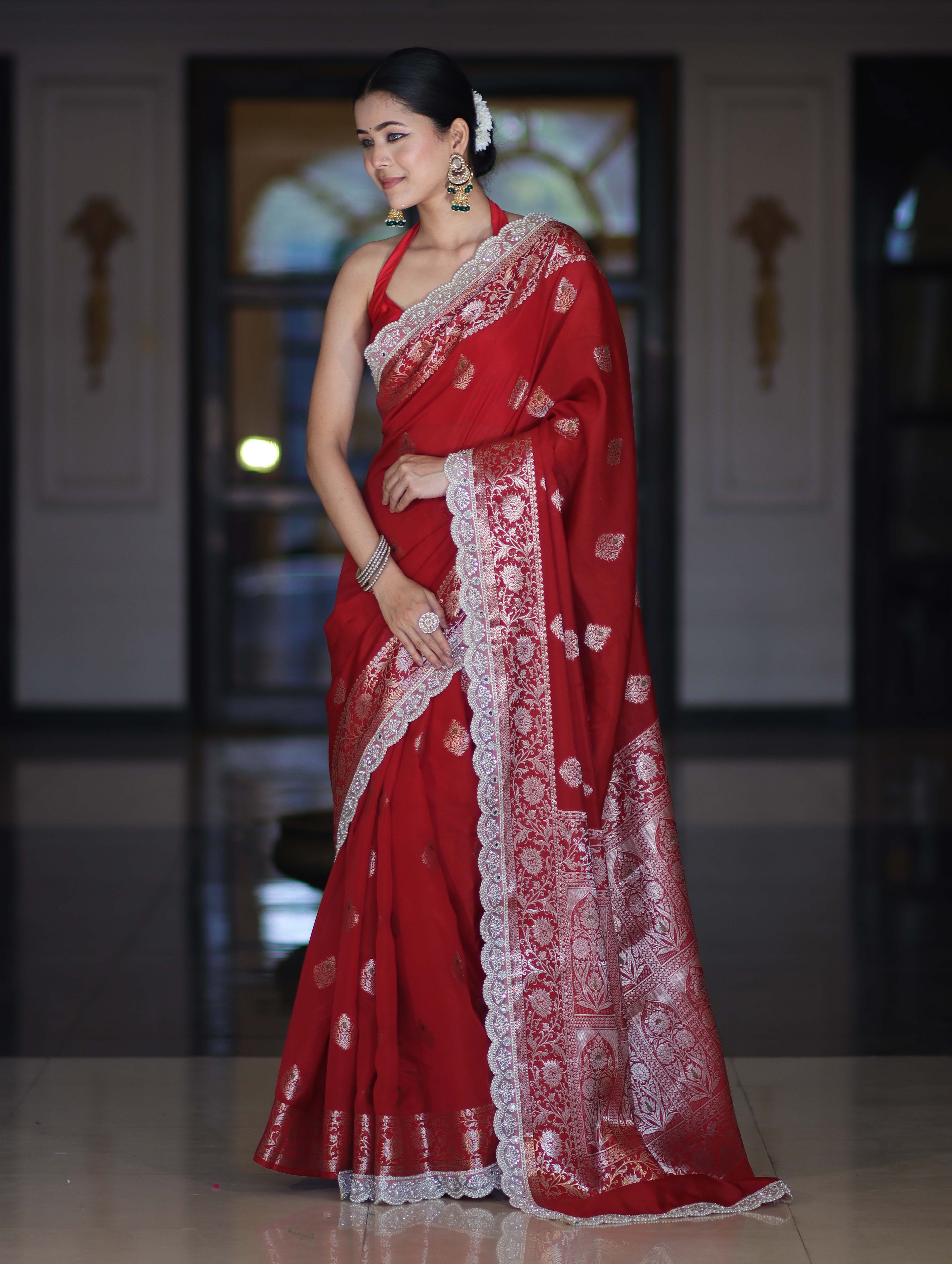 Banarasee Handloom Semi Silk Saree With Zari Buti Design & Lace Border-Deep Red
