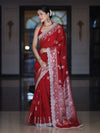 Banarasee Handloom Semi Silk Saree With Zari Buti Design & Lace Border-Deep Red