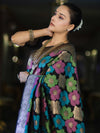 Banarasee Handwoven Katan Saree With Meenadar Floral Design & Border-Black
