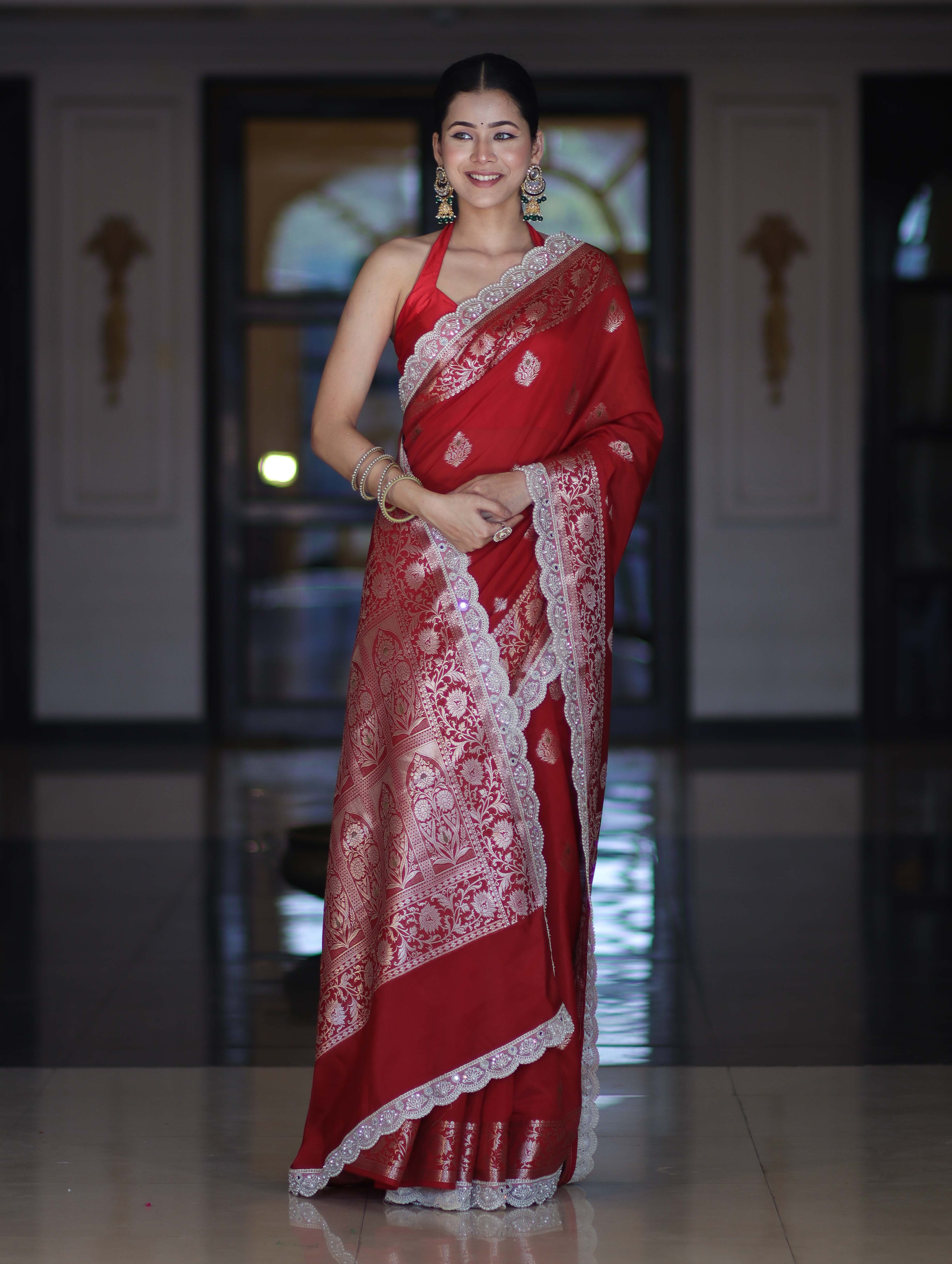Banarasee Handloom Semi Silk Saree With Zari Buti Design & Lace Border-Deep Red