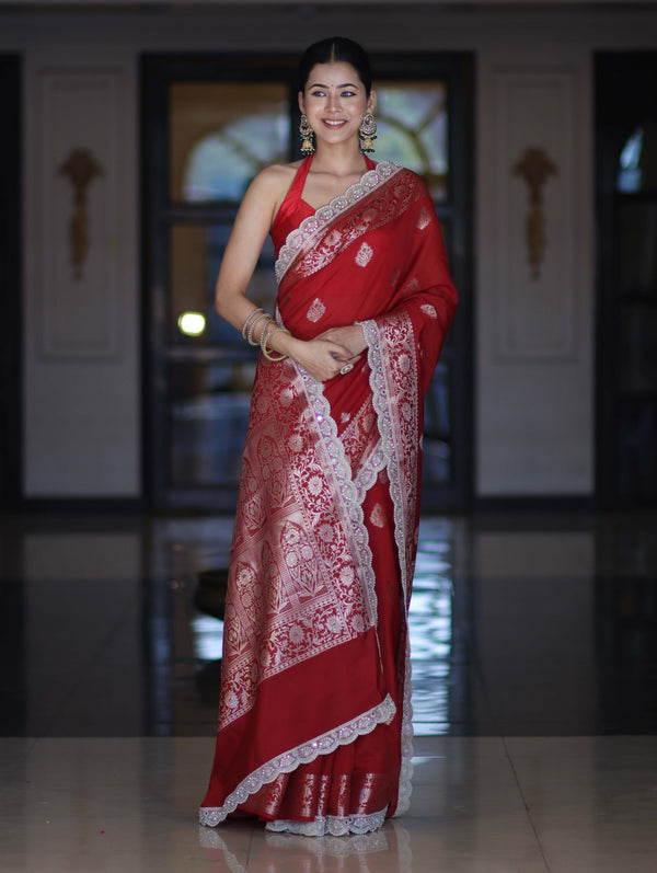 Banarasee Handloom Semi Silk Saree With Zari Buti Design & Lace Border-Deep Red