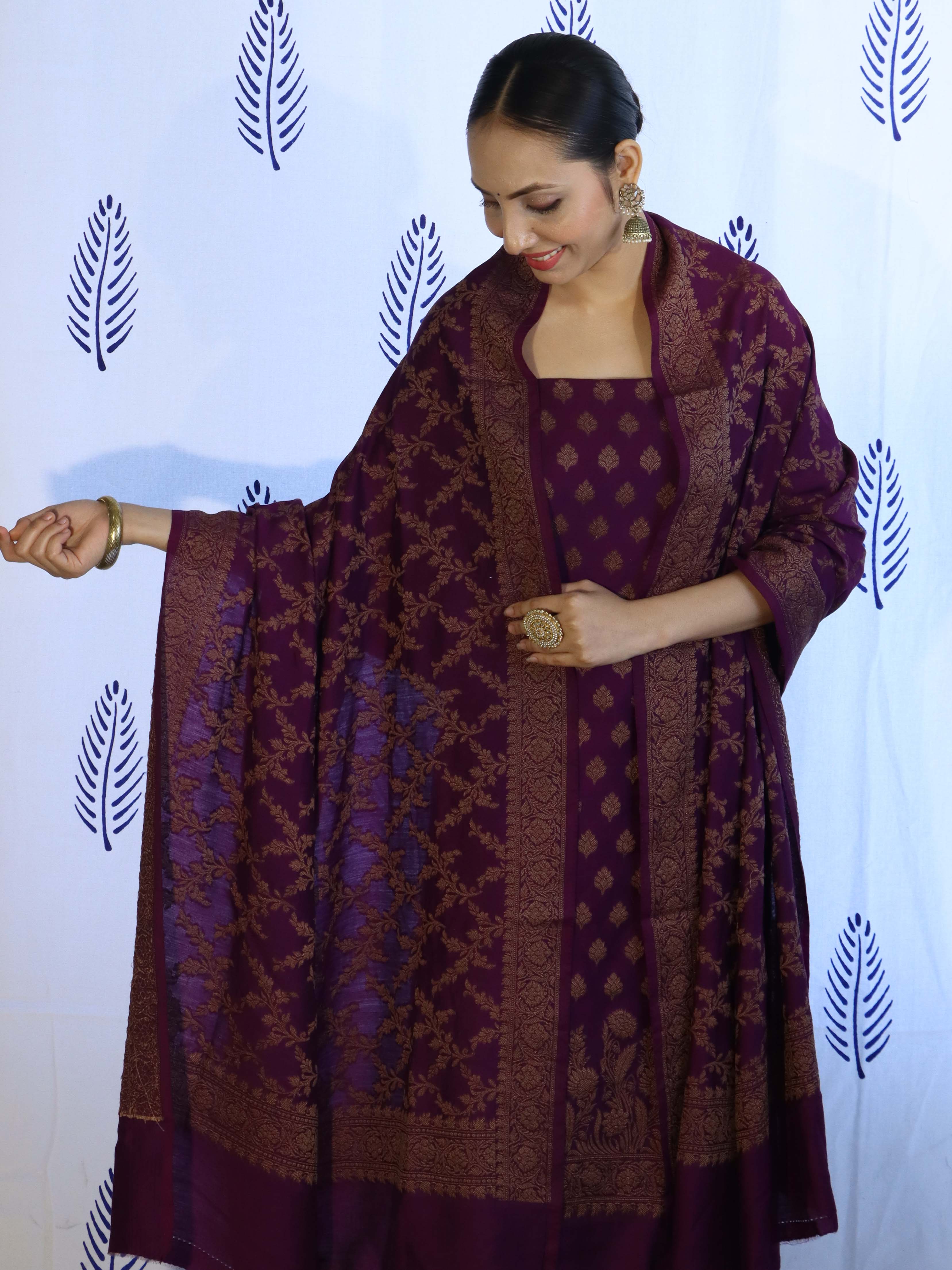 Banarasee Cotton Silk Salwar Kameez Fabric With Dupatta Set & Resham Work-Violet