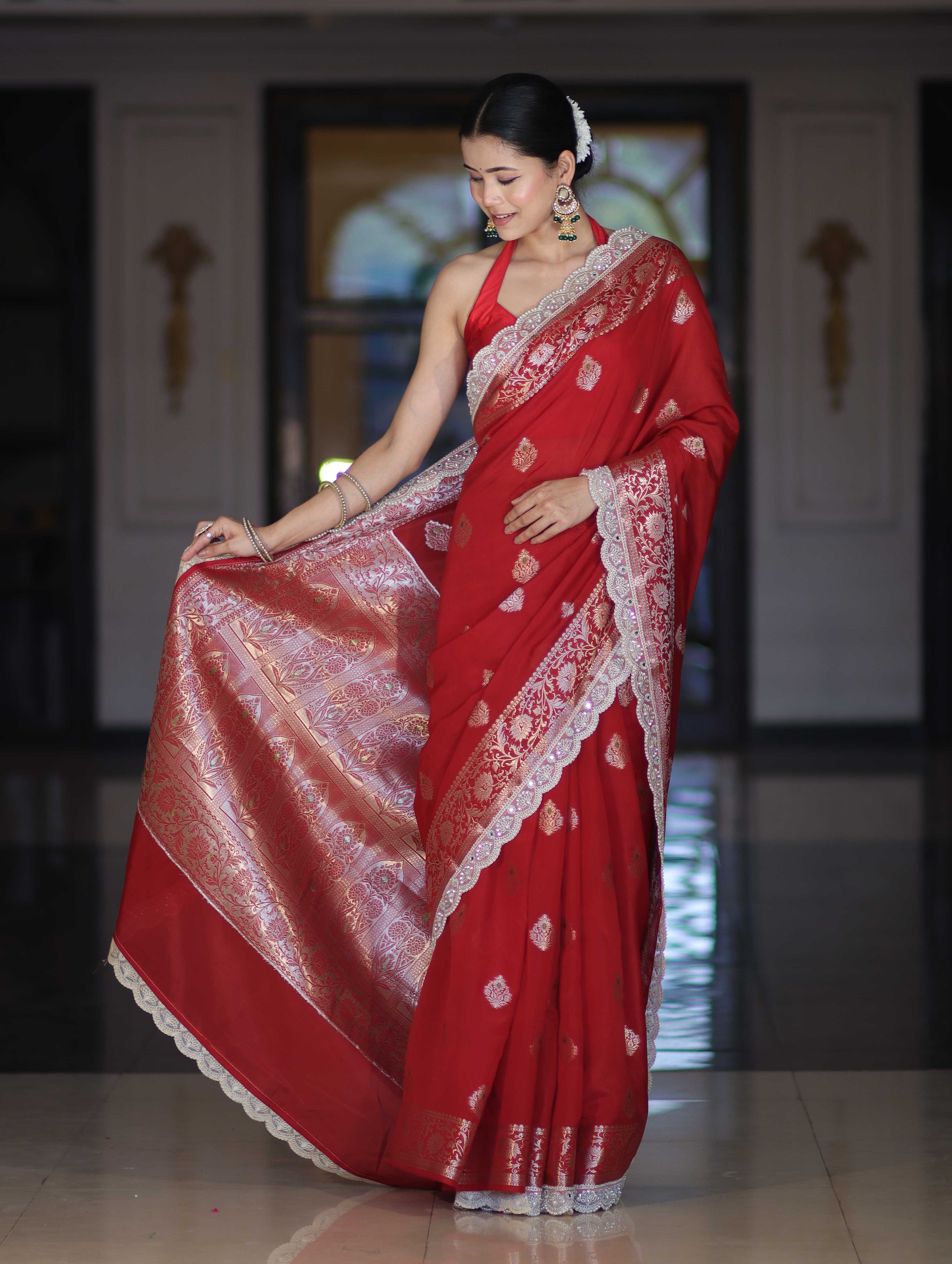 Banarasee Handloom Semi Silk Saree With Zari Buti Design & Lace Border-Deep Red