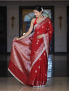 Banarasee Handloom Semi Silk Saree With Zari Buti Design & Lace Border-Deep Red