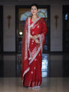 Banarasee Handloom Semi Silk Saree With Zari Buti Design & Lace Border-Deep Red