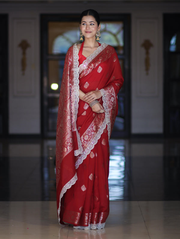 Banarasee Handloom Semi Silk Saree With Zari Buti Design & Lace Border-Deep Red