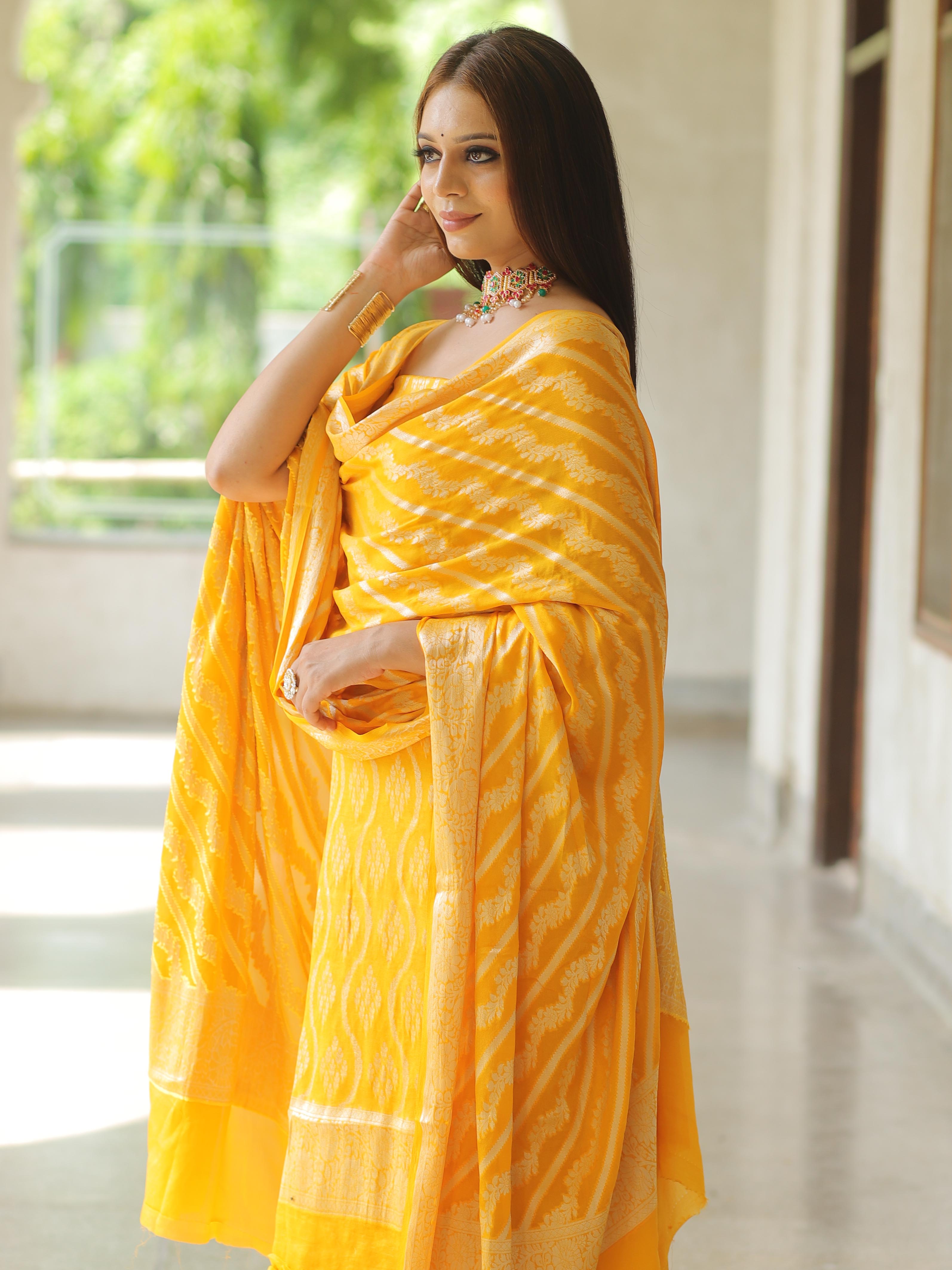 Banarasee Handloom Pure Chiffon Silk Kameez Fabric With Dupatta-Yellow