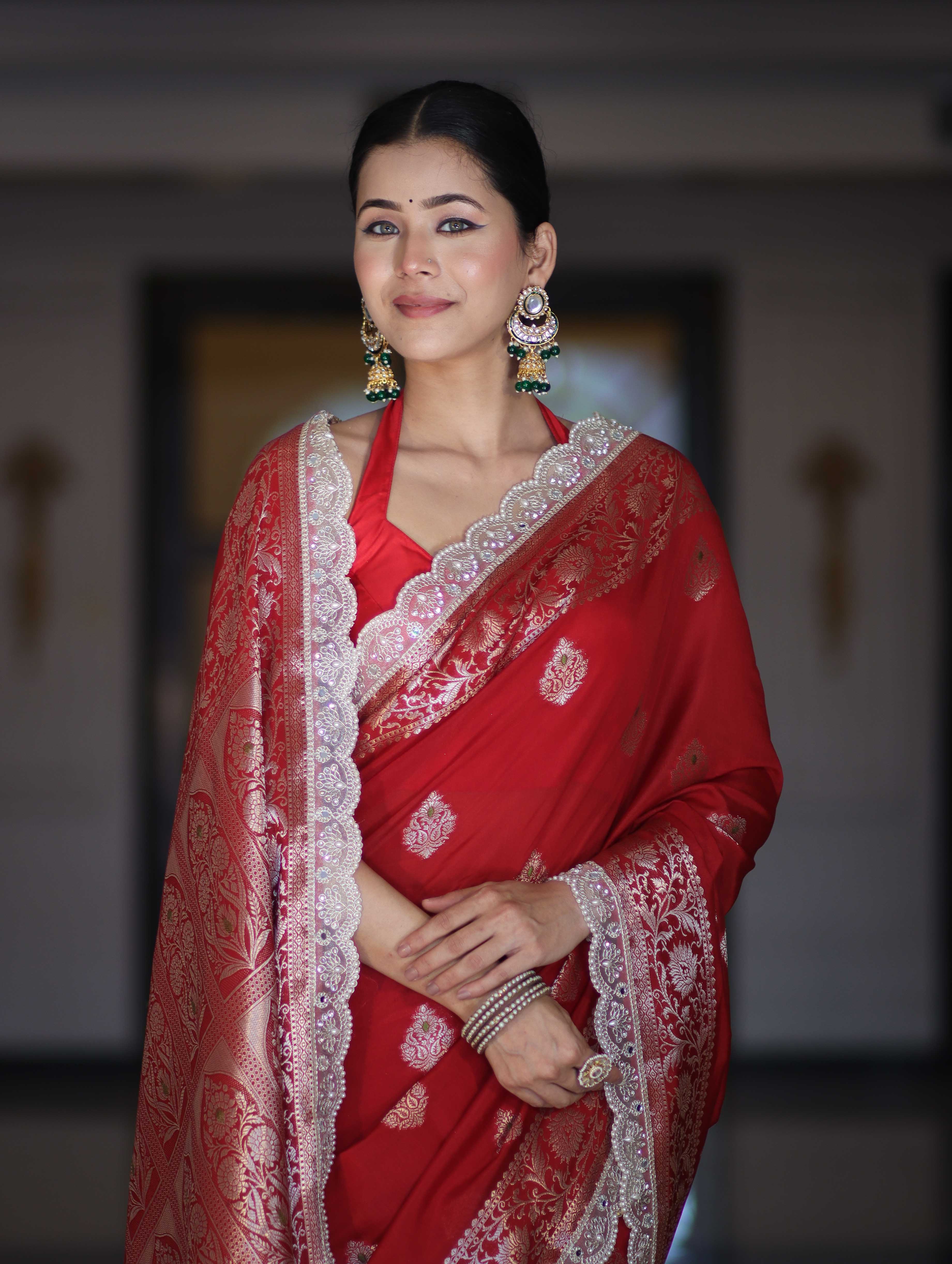 Banarasee Handloom Semi Silk Saree With Zari Buti Design & Lace Border-Deep Red