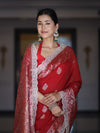 Banarasee Handloom Semi Silk Saree With Zari Buti Design & Lace Border-Deep Red