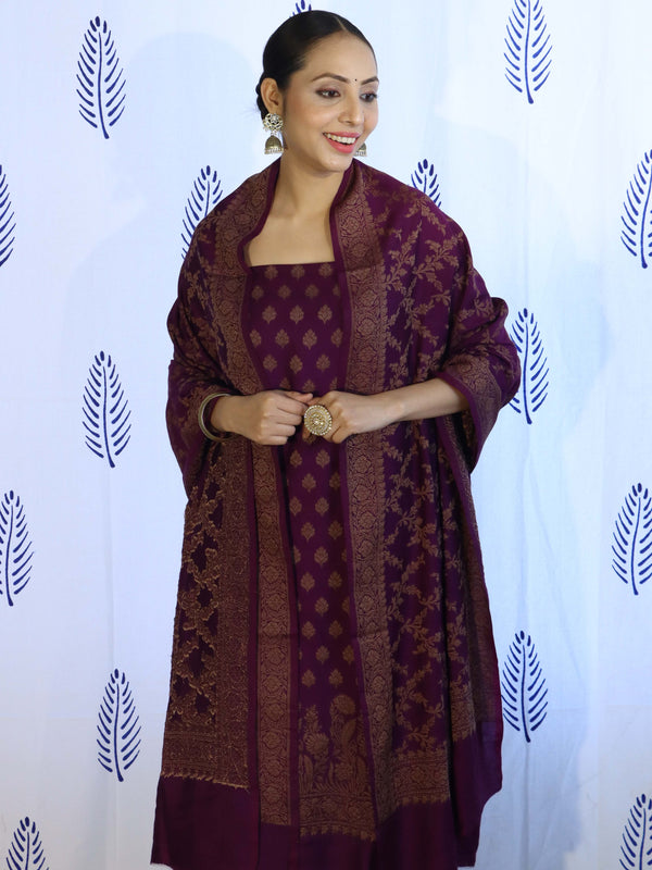 Banarasee Cotton Silk Salwar Kameez Fabric With Dupatta Set & Resham Work-Violet