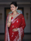 Banarasee Handloom Semi Silk Saree With Zari Buti Design & Lace Border-Deep Red
