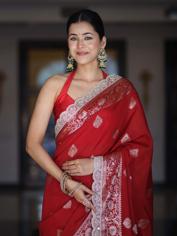 Banarasee Handloom Semi Silk Saree With Zari Buti Design & Lace Border-Deep Red