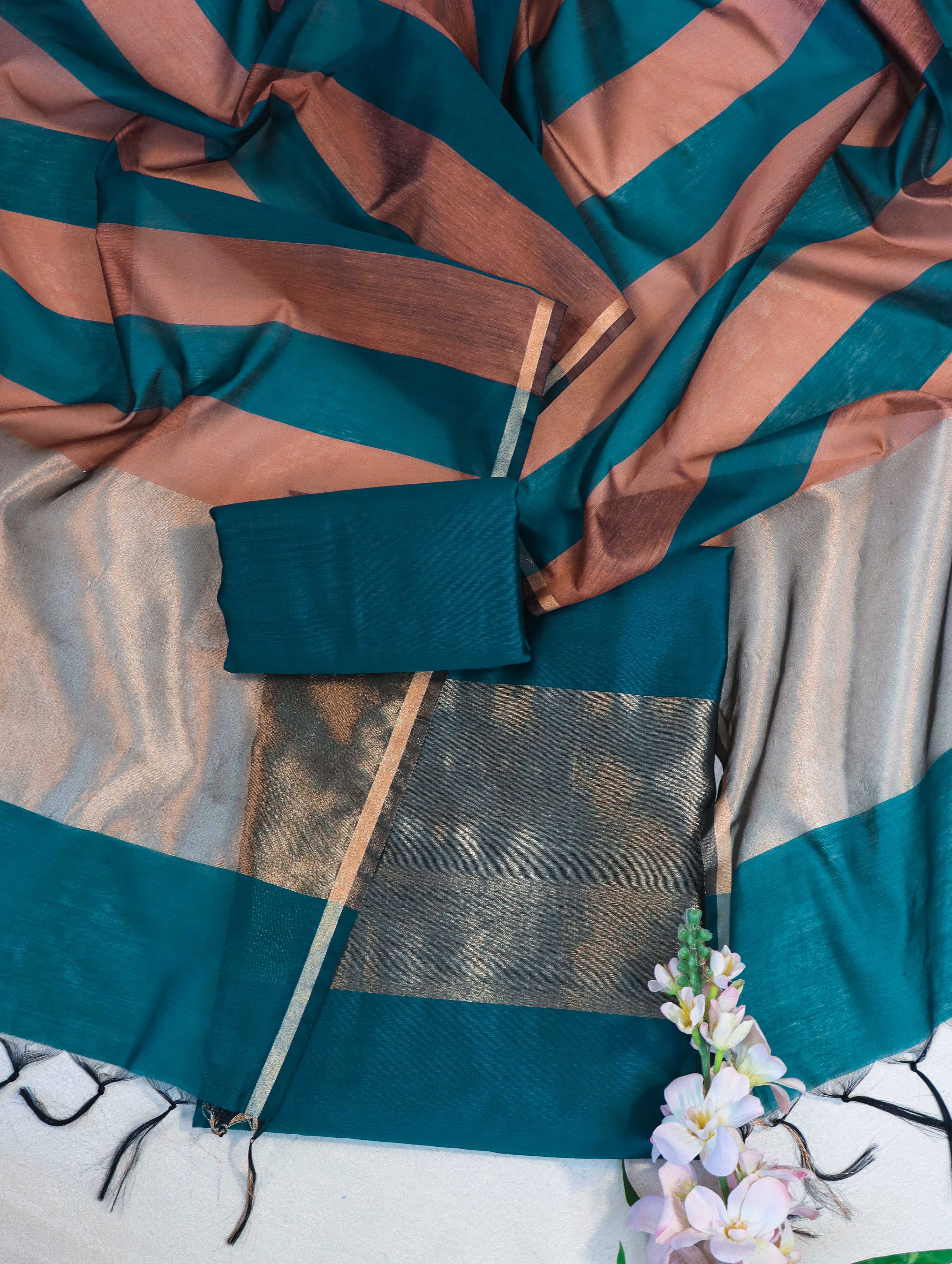 Banarasee Cotton Silk Stripe Pattern Salwar Kameez Fabric With Dupatta Set-Teal Blue