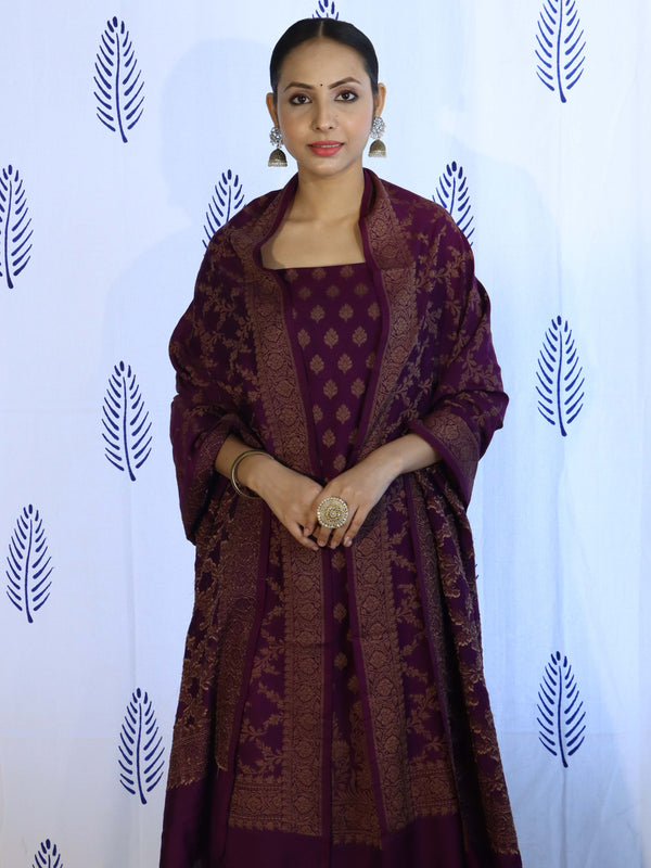 Banarasee Cotton Silk Salwar Kameez Fabric With Dupatta Set & Resham Work-Violet