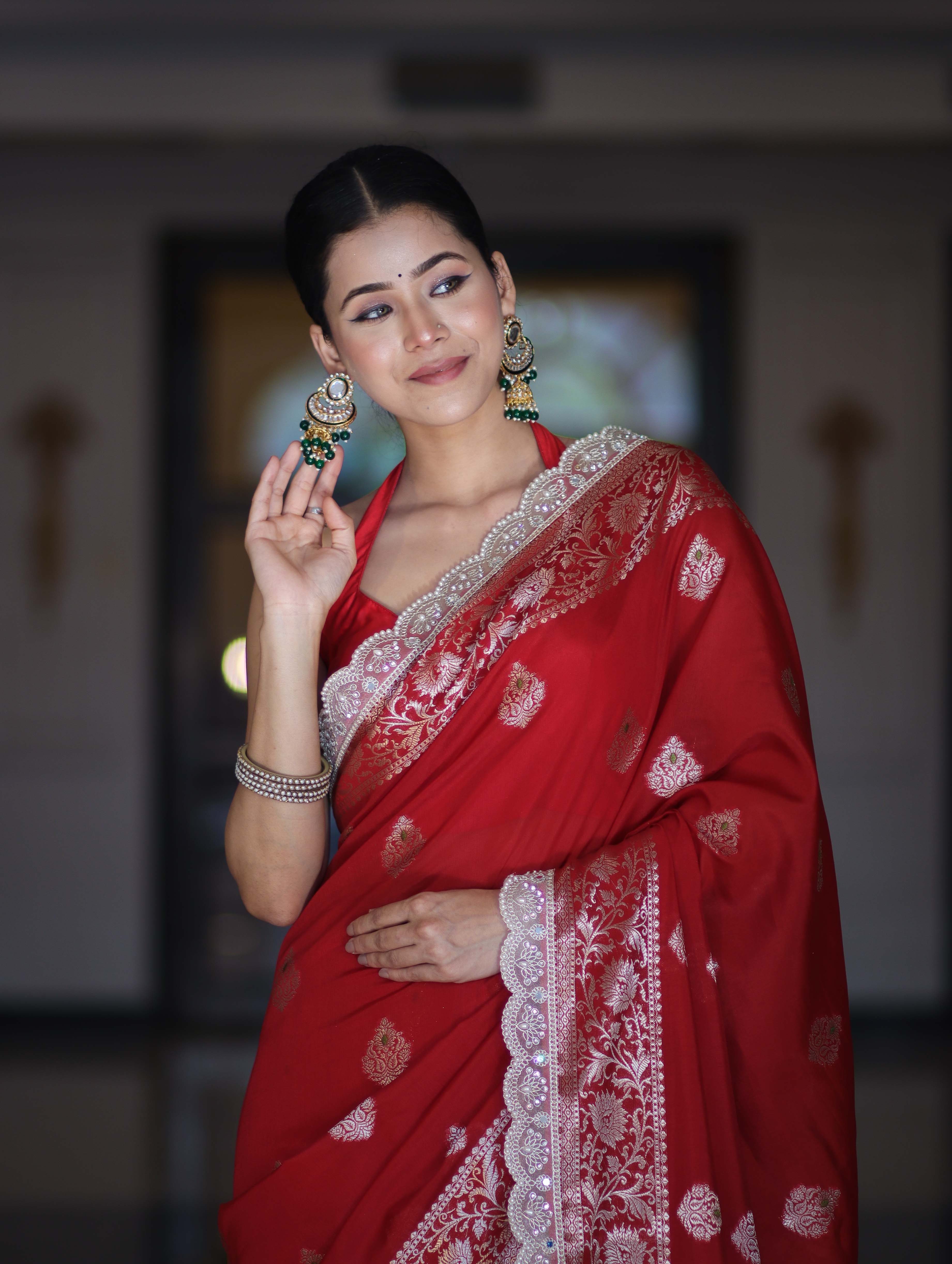 Banarasee Handloom Semi Silk Saree With Zari Buti Design & Lace Border-Deep Red