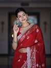Banarasee Handloom Semi Silk Saree With Zari Buti Design & Lace Border-Deep Red