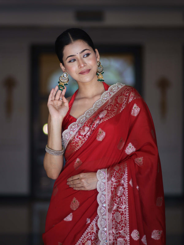 Banarasee Handloom Semi Silk Saree With Zari Buti Design & Lace Border-Deep Red