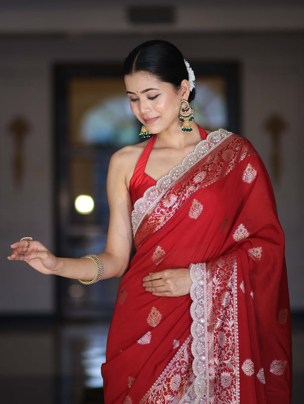 Banarasee Handloom Semi Silk Saree With Zari Buti Design & Lace Border-Deep Red