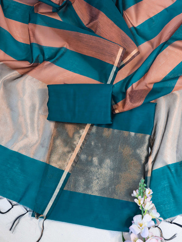 Banarasee Cotton Silk Stripe Pattern Salwar Kameez Fabric With Dupatta Set-Teal Blue