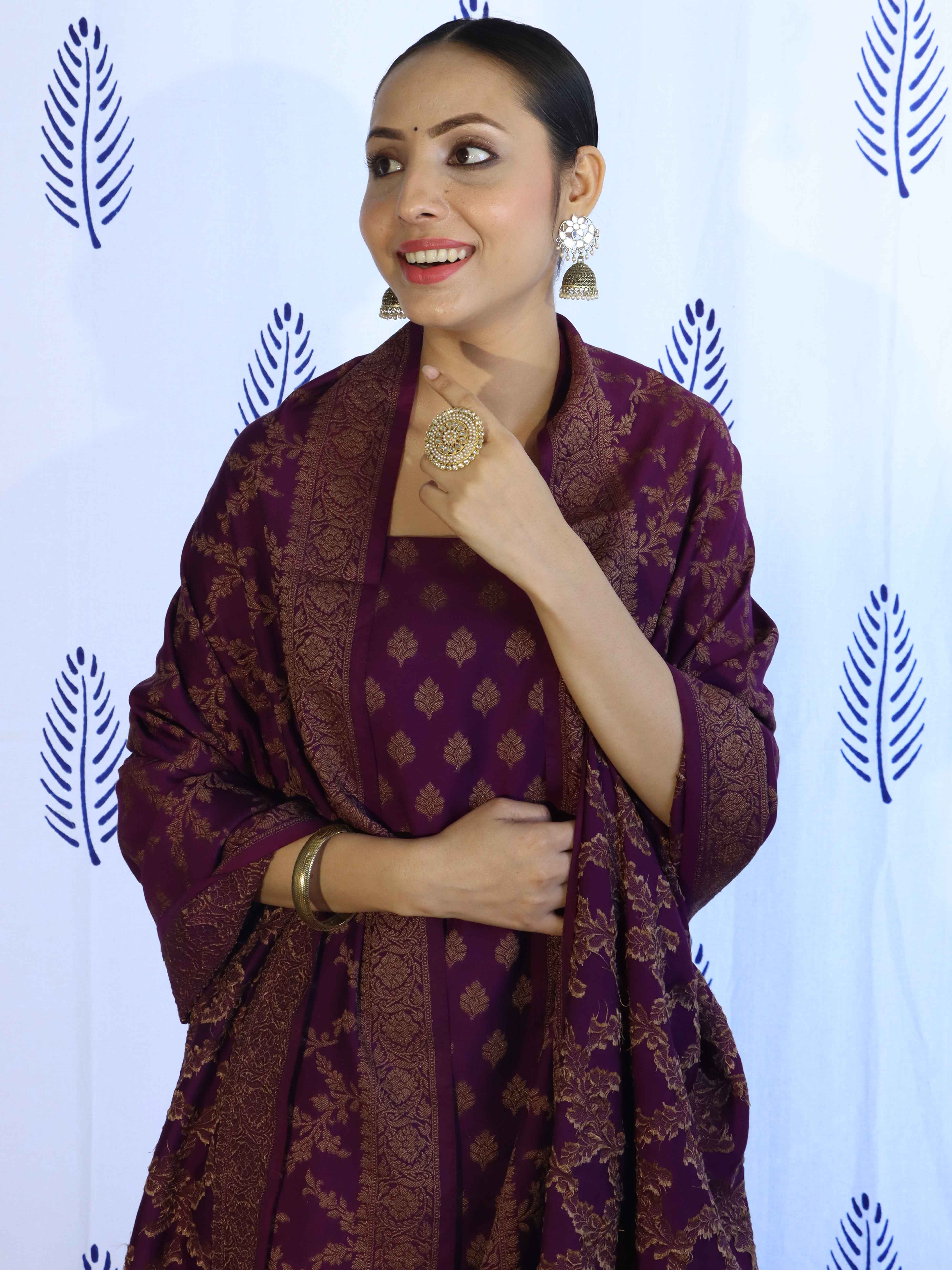 Banarasee Cotton Silk Salwar Kameez Fabric With Dupatta Set & Resham Work-Violet