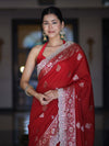 Banarasee Handloom Semi Silk Saree With Zari Buti Design & Lace Border-Deep Red