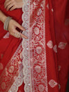 Banarasee Handloom Semi Silk Saree With Zari Buti Design & Lace Border-Deep Red