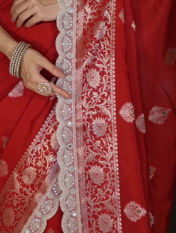 Banarasee Handloom Semi Silk Saree With Zari Buti Design & Lace Border-Deep Red