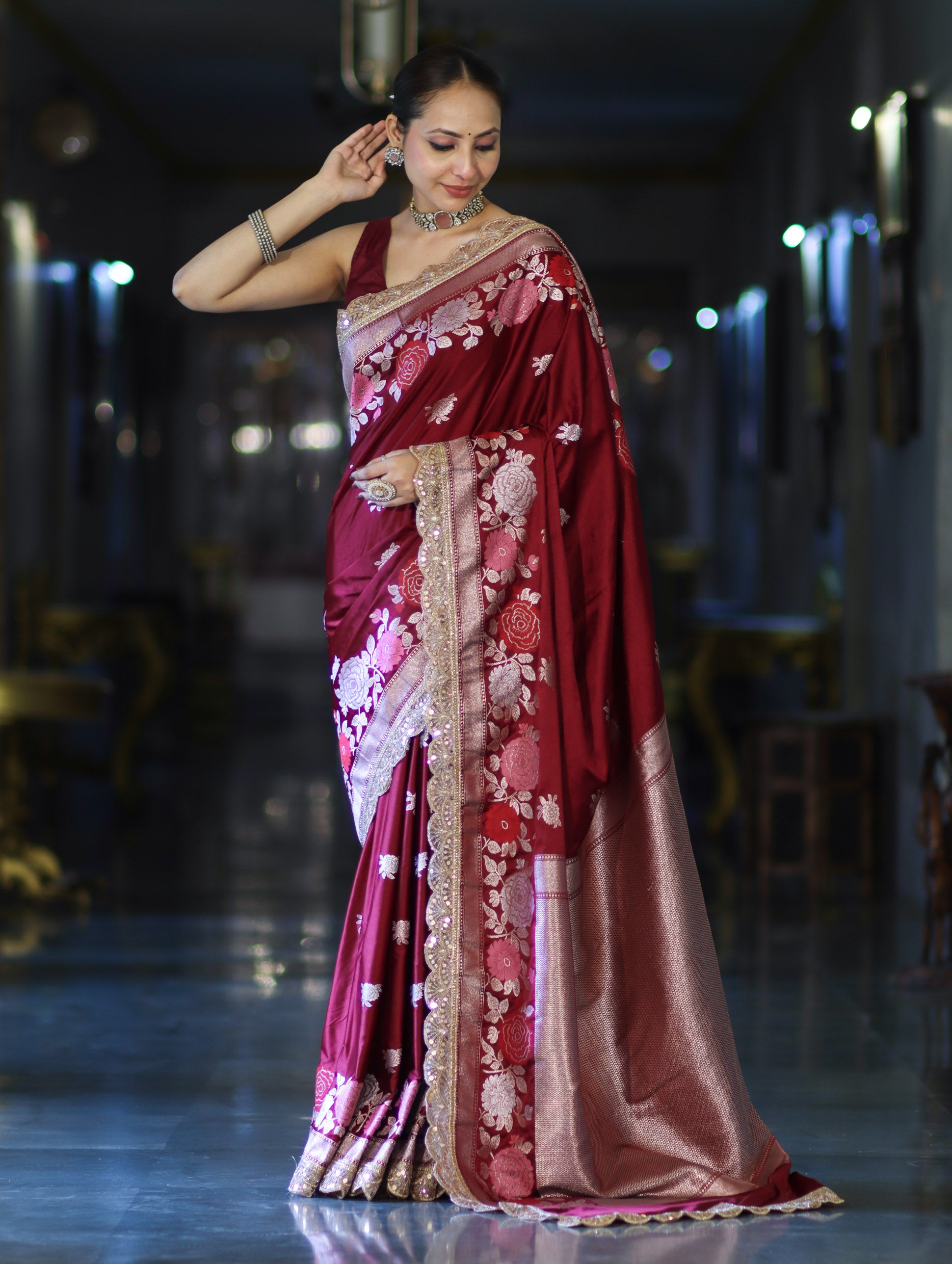 Banarasee Mashru Silk Saree With Zari Embroidery Floral Border & Lace-Maroon