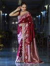 Banarasee Mashru Silk Saree With Zari Embroidery Floral Border & Lace-Maroon