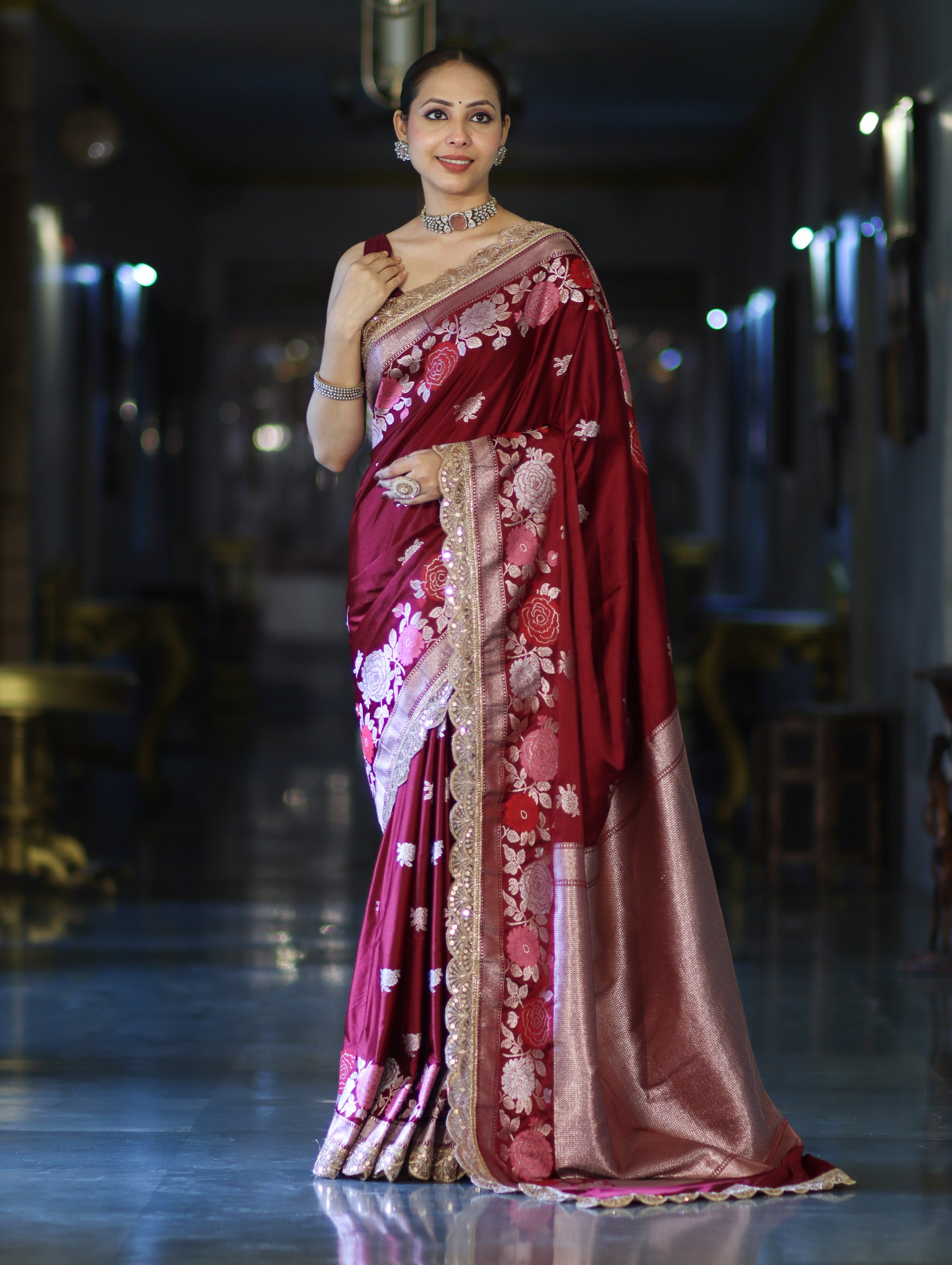 Banarasee Mashru Silk Saree With Zari Embroidery Floral Border & Lace-Maroon