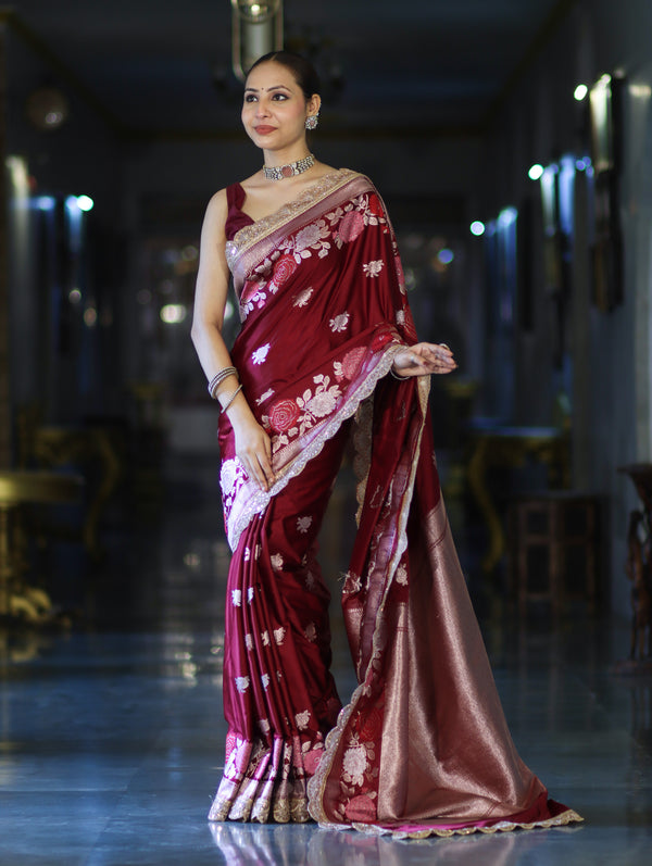 Banarasee Mashru Silk Saree With Zari Embroidery Floral Border & Lace-Maroon