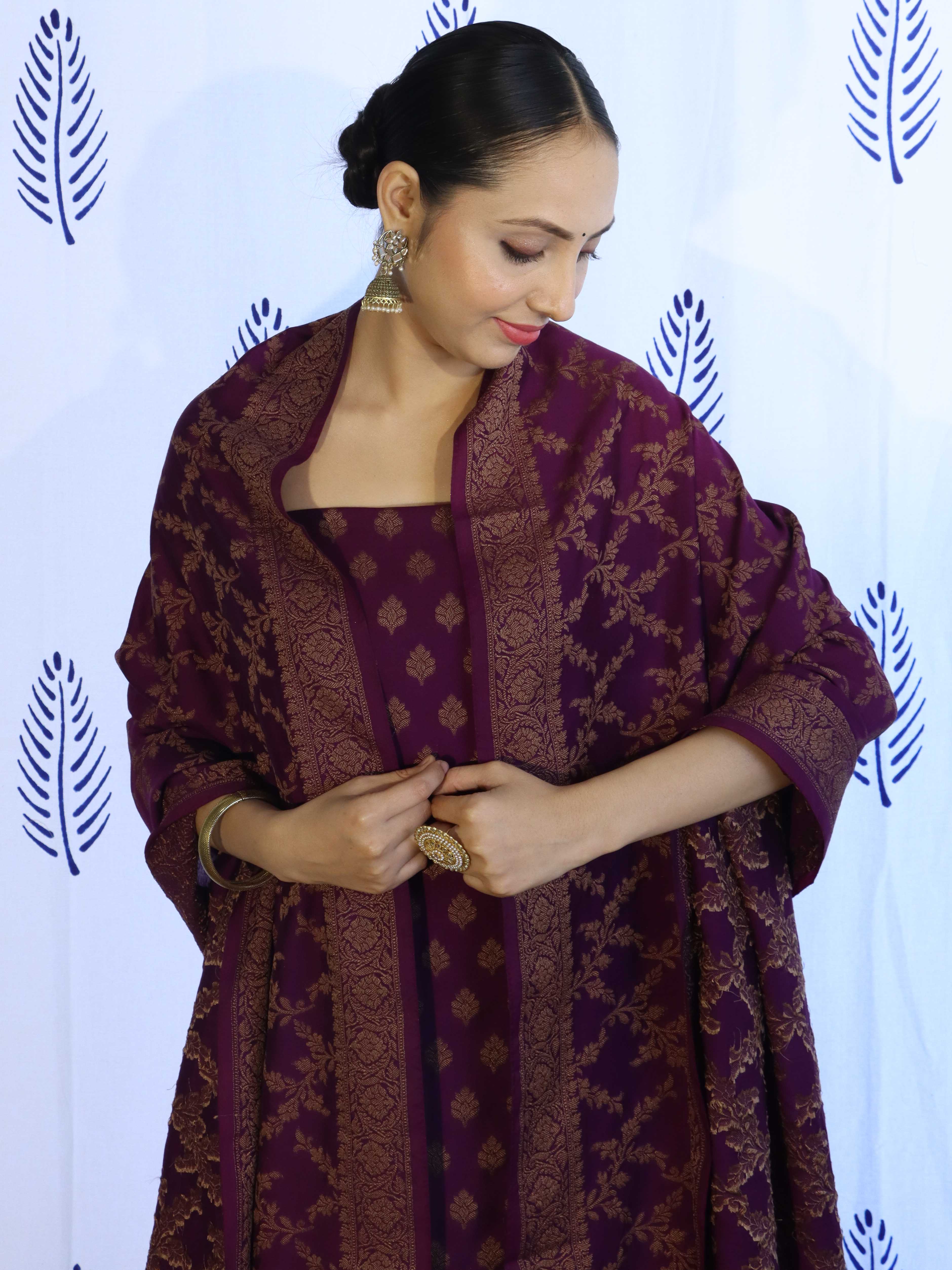 Banarasee Cotton Silk Salwar Kameez Fabric With Dupatta Set & Resham Work-Violet